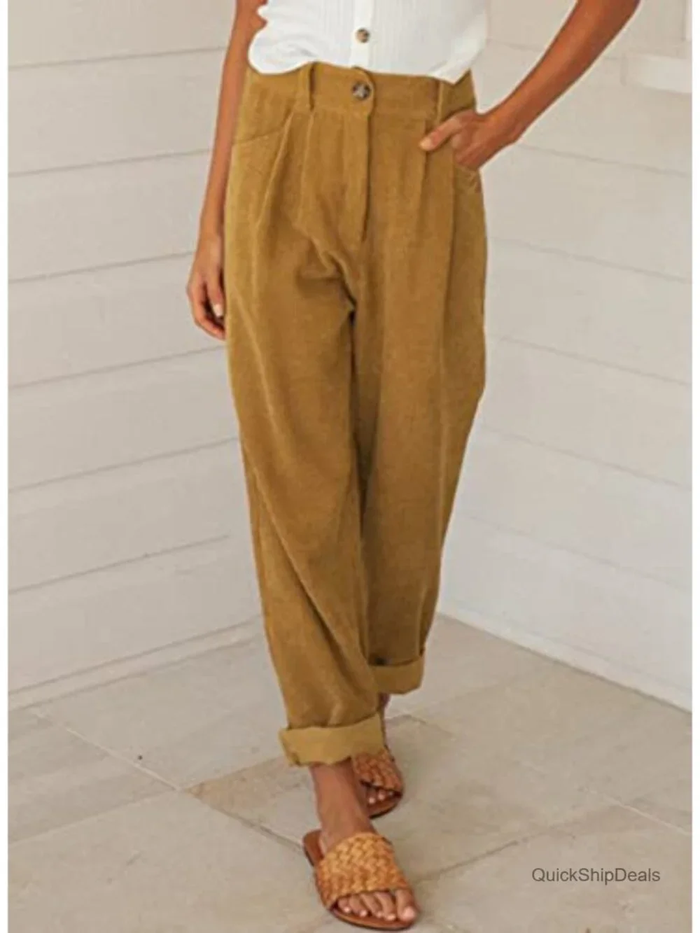 High Waisted Corduroy Pants Pockets Straight Leg